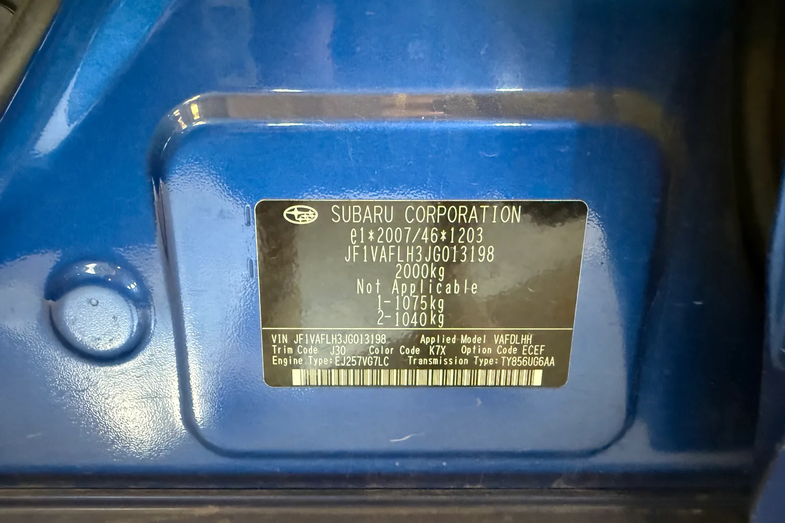 Autovettura Subaru WRX targata FK969VT (ID 138)